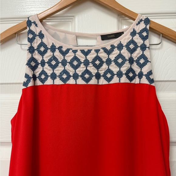 THML Women’s Orange Red Keyhole Halter Blue Embroidered Shift Dress Size M - Picture 2 of 11